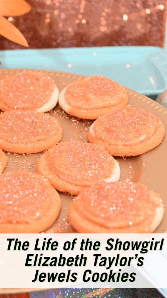 Close up of a gold plate with orange sugar cookies for the life of a showgirl Elizabeth Taylor track.