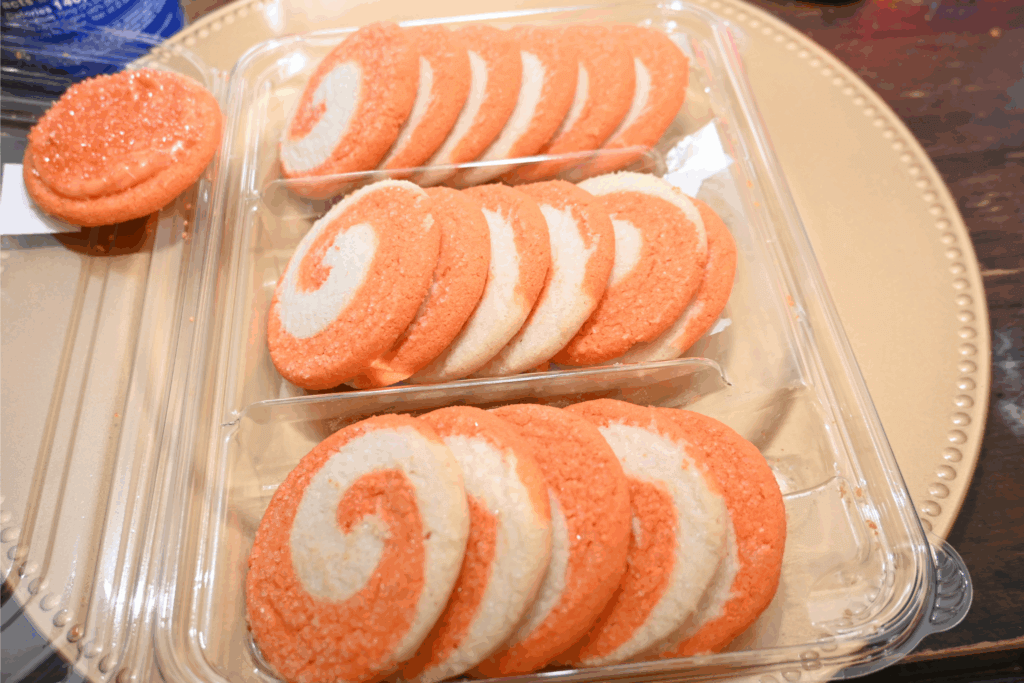 Close up of store bought orange swirl cookies