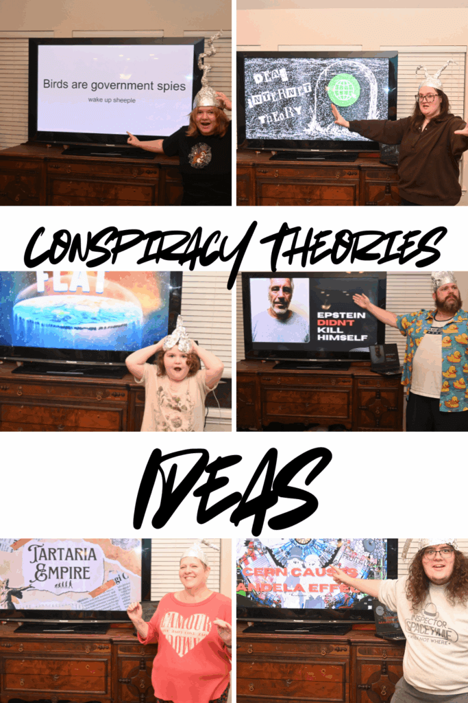 TItle image with six image collage of each person doing a power point on a conspiracy theory