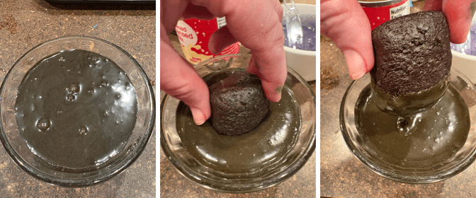 Dipping OREO Truffles in sweetened condensed milk.