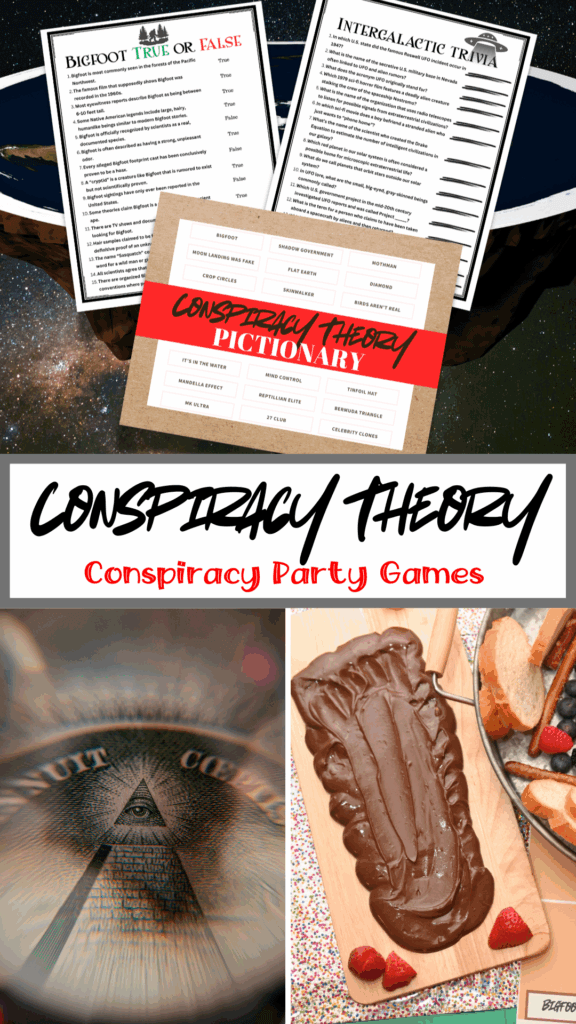 Title image with collage of three things - the party games on top, an Illuminati symbol on a dollar, and a bigfoot chocolate butter footprint