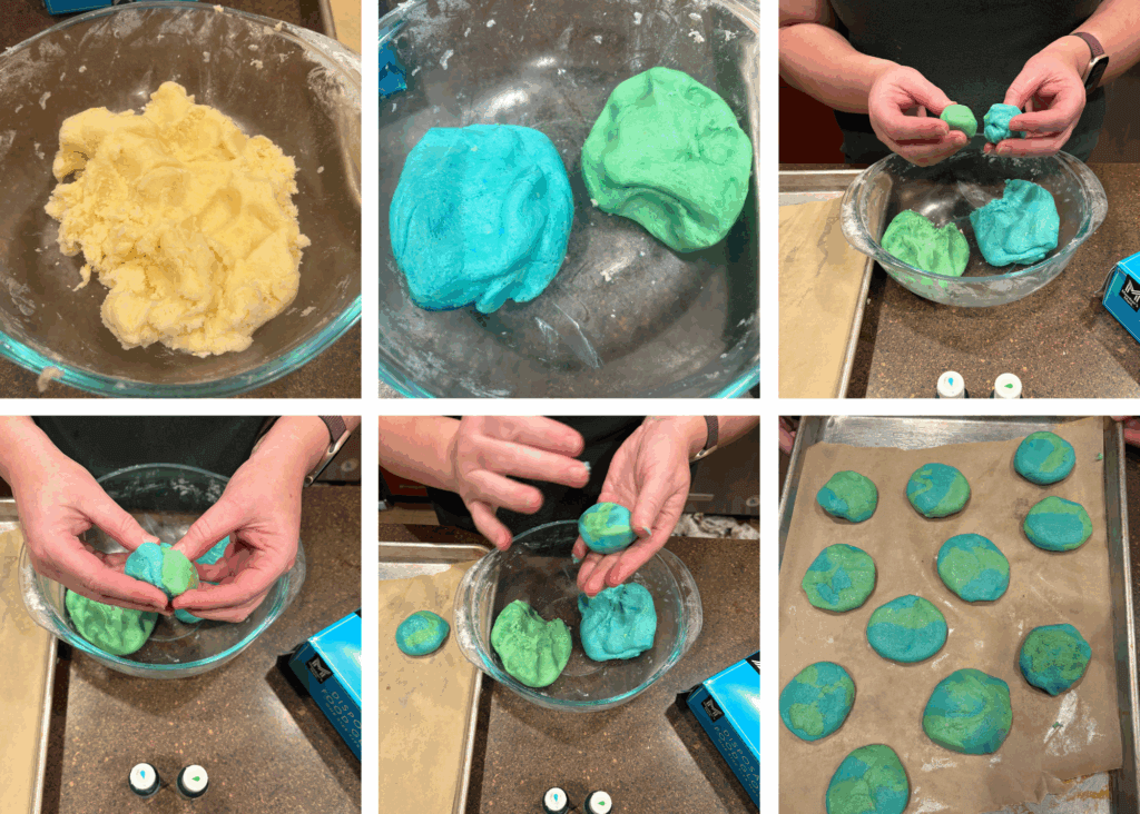 A six-image collage showing how to make the Flat Earth Sugar Cookies. 