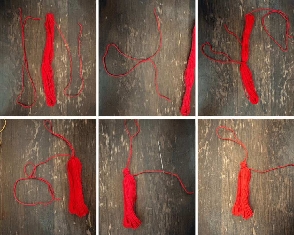 A six-image collage showing a step by step process to make tassels for bookmarks using red embroidery floss. 