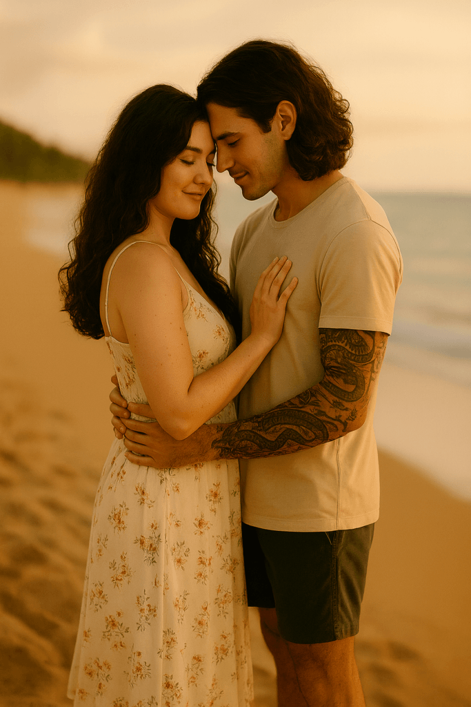 A man and woman in an embrace on the beach. 