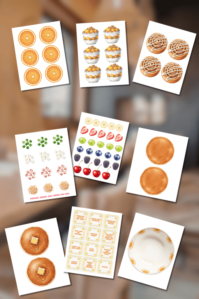 Collage of several of the pages in the printable for the pretend play breakfast printables for kids