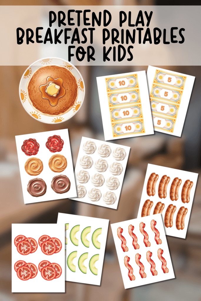 Collage of several of the pages in the printable for the pretend play breakfast printables for kids