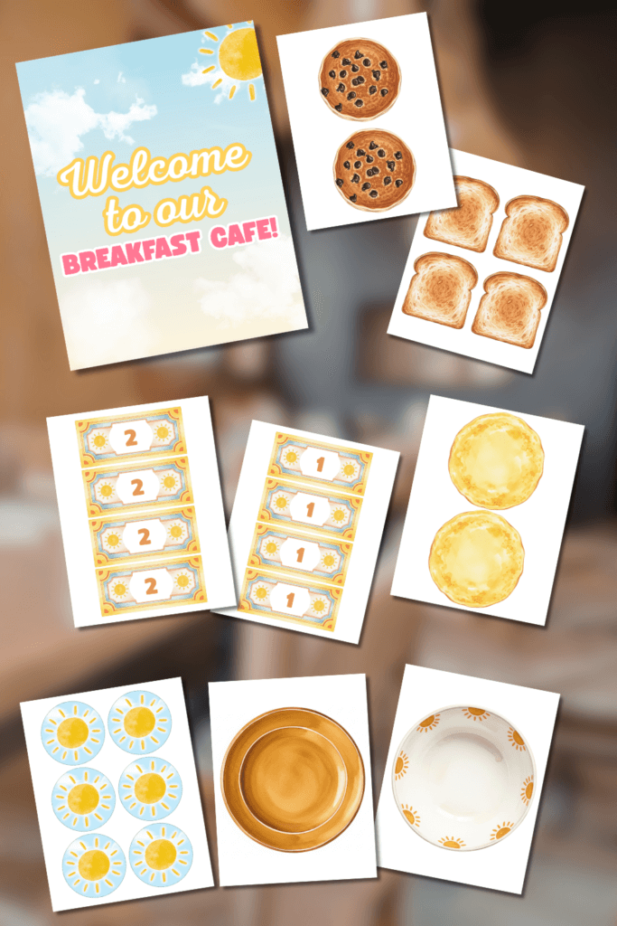 Collage of several of the pages in the printable for the pretend play breakfast printables for kids