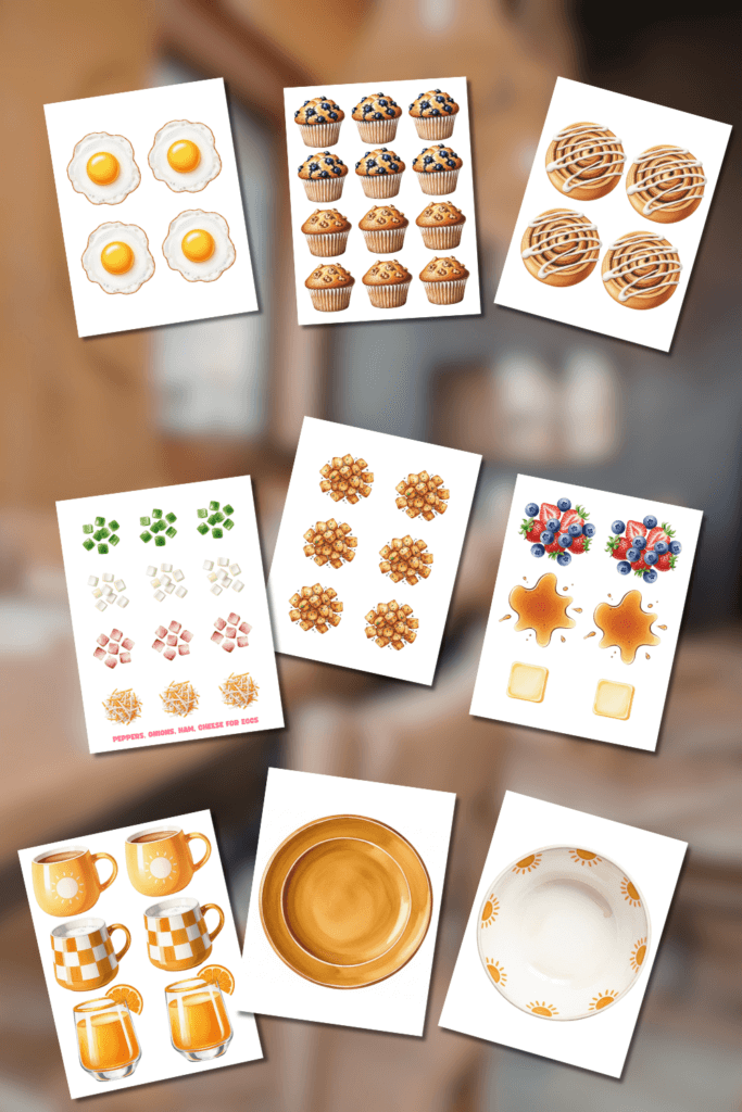 Collage of several of the pages in the printable for the pretend play breakfast printables for kids