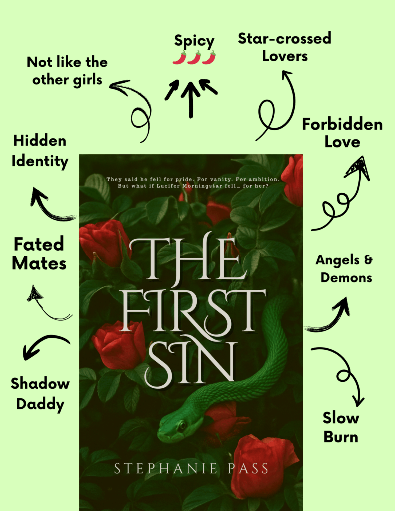 An image of a dark romantasy novel The First Sin by Stephanie Pass surrounded in green with tropes in the book