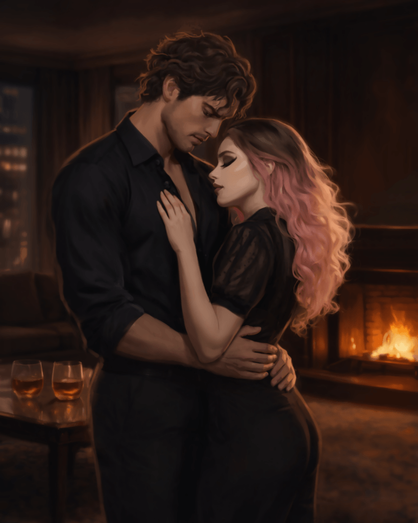 Evie and Luc in an embrace in a dark hotel room with glasses of amber liquid behind them and firelight. 