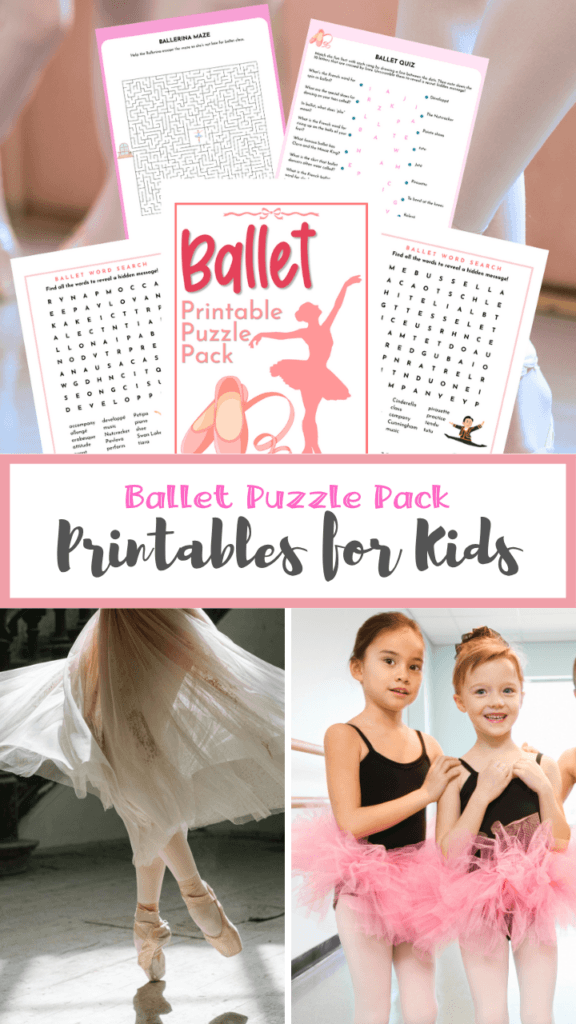 Collage image with the free printable ballety puzzle images as well as a ballerina dancing on her toes and two little ballerinas in pink tutus. 