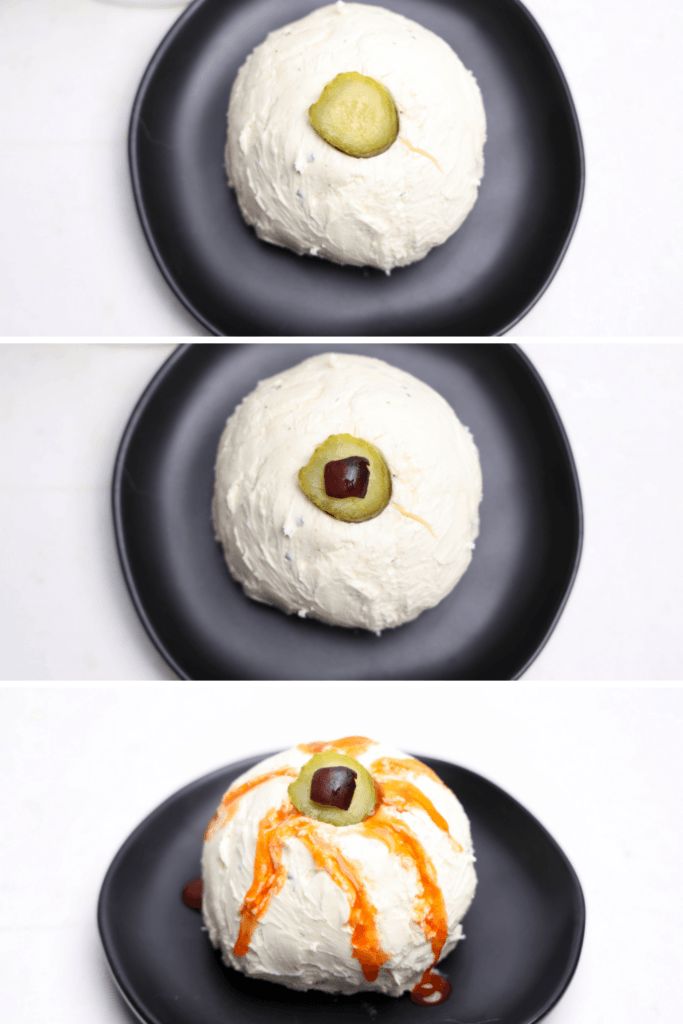 Step by step process of making the cream cheese eyeball cheeseball for Halloween on a black dish.