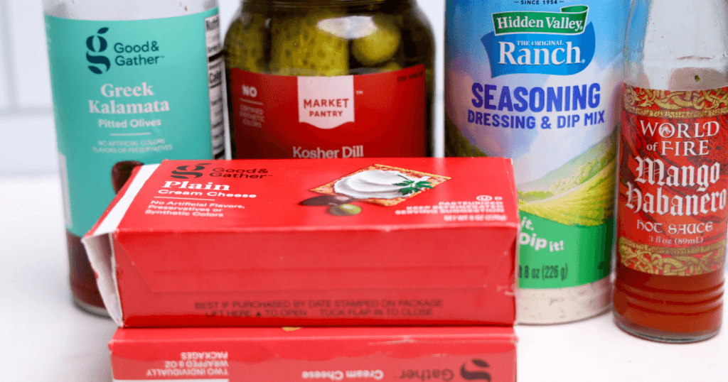 Ingredients to make a cream cheese eyeball cheeseball for Halloween