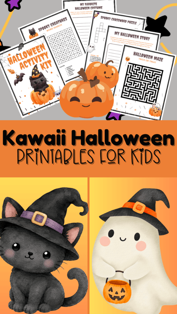 A collage image showing the Kawaii Halloween printables as well as acute pumpkins, a black kitty, a ghost, stars, and witch hats.